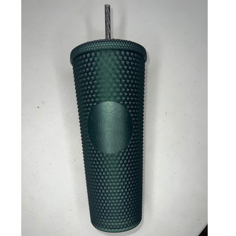 Starbucks Dark Forest Green Studded Tumbler 24oz Cold Cup Venti Siren Logo Straw